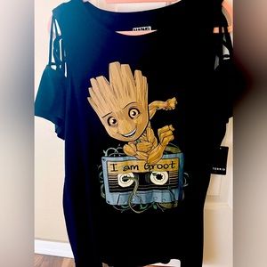 NWT TORRID Marvel Groot black shirt with lattice shoulders. Size 2.